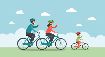 Naklejka premium Illustration of a happy family riding bicycles together outdoors on a sunny day
