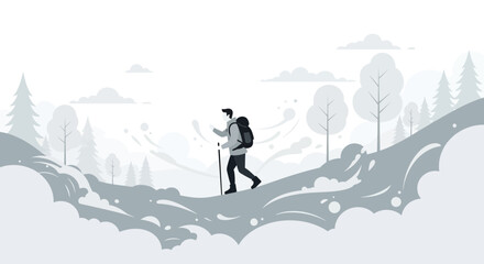 Obraz premium Illustration of a hiker exploring a winter forest with a simple minimalist design