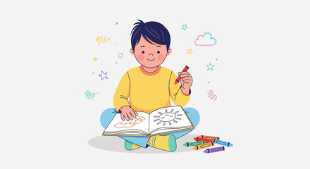 Illustration of a child drawing with crayons in a coloring book, creative time