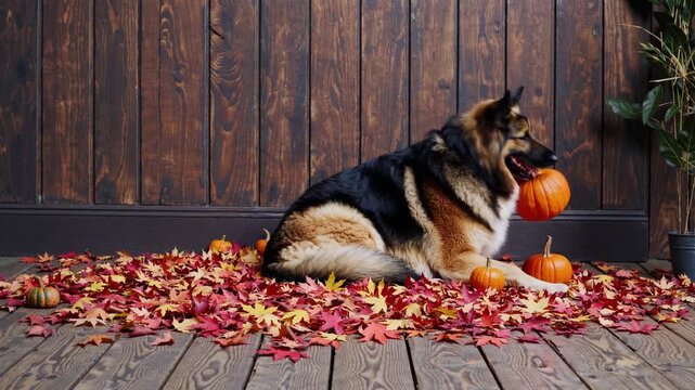 Cozy Autumn Evening Adorable Dog Relaxing Amongst Pumpkins, Capturing the Autumn Vibes for Heartwarming Social Media Content or Seasonal Marketing Campaigns, Inspiring a Sense of Comfort.