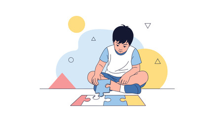 Illustration of a child focused on assembling a puzzle game to exercise his mind