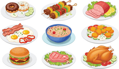 Assorted Food Dishes in Grid Layout Featuring Donuts, Eggs, Meat, Salad, Pasta, Burger, Steak, and Roasted Chicken Vector