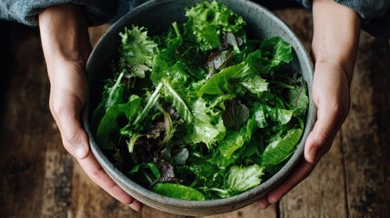 Fresh salad held in hands