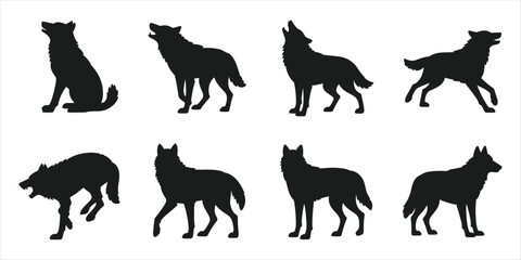 Collection of eight black wolf silhouettes in various poses on white background Keywords: wolf, wolves