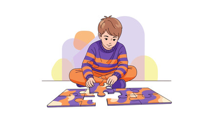 Illustration of a child playing a puzzle, representing education and learning activity