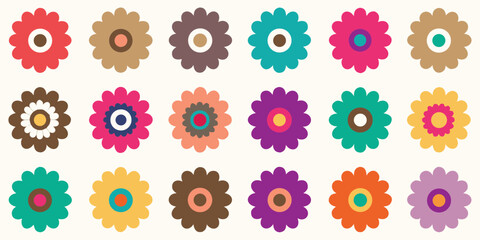 Collection of colorful retro scalloped flowers in a grid pattern on a light background