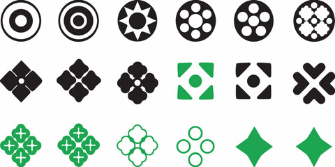 Collection of japanese mon kamon symbols and geometric designs in black and green