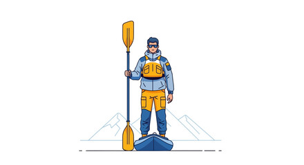 Fototapeta premium Illustration of a kayaker holding a paddle standing next to his kayak, ready to explore the mountains
