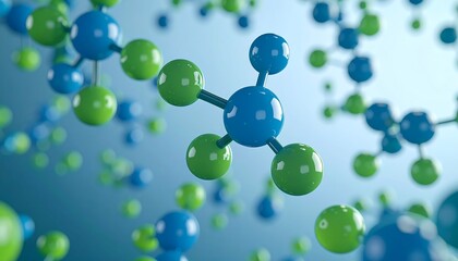 Abstract molecular structure with blue and green spheres connected by lines on a light blue background.