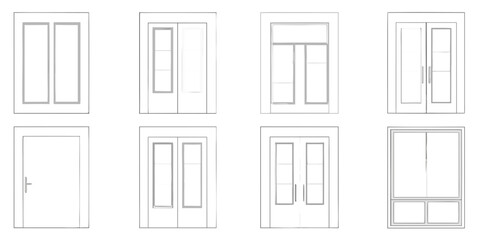 Collection of simple line drawings of various doors and windows in a grid layout