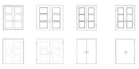Collection of architectural drawings of various double doors with different panel designs
