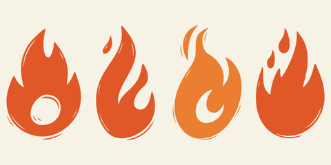 Four stylized graphic representations of flames in various orange and red hues on a cream background
