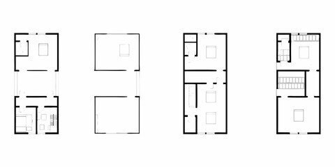 Architectural floor plans of narrow townhouses showing different layouts and room arrangements