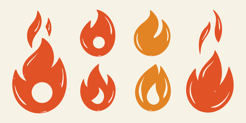 A collection of stylized flame icons in various sizes and shades of orange and red on a cream background