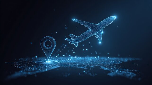 Futuristic airplane and location pin