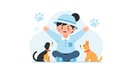 Naklejka premium Illustration of a child sitting with two dogs on a blue background vector design