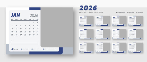 Professional Calendar 2026 template Layout | Corporate desk planner | 12-month monthly view design | Week starts on Sunday