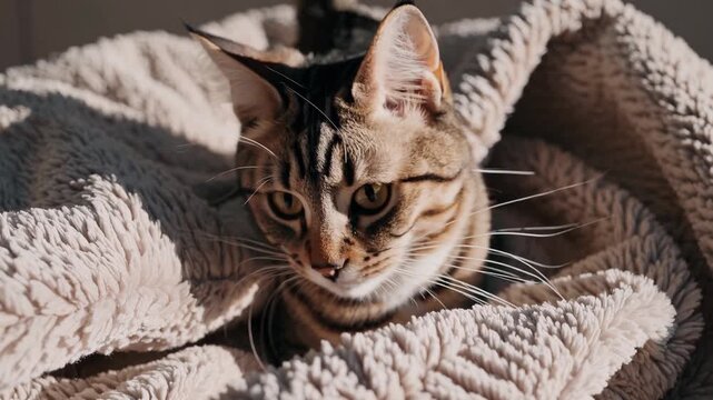 Playful American Bobtail Cat Sitting on a Blanket, Perfect for Lifestyle and Petfocused Projects, Evoking a Feeling of Coziness and Companionship.