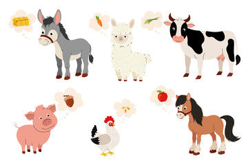 What do pets eat? Set cartoon illustration of farm animals cow, pig, donkey, horse, chicken and llama. Pets and their food. 