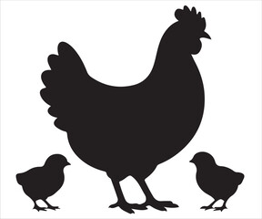 Silhouette of hen with baby chicks vector illustration isolated on white