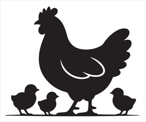 Silhouette of mother hen with three baby chicks walking together isolated on white background, vector illustration symbolizing poultry, farming, family care, agriculture, and domestic animals