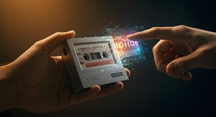 A conceptual image of a hand transforming a vintage analog audio cassette into a futuristic glowing digital interface with binary code