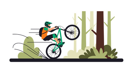 Illustration of a cyclist performing a wheelie on a mountain bike in a forest