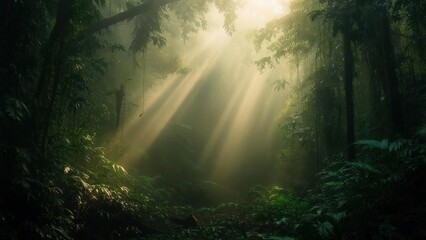 Obraz premium Sacred Sunbeams Illuminating a Misty, Verdant Jungle Wilderness.