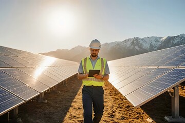 Solar panel technician or engineer repair solar farm. Themes of renewable energy, technology, and environmental sustainability