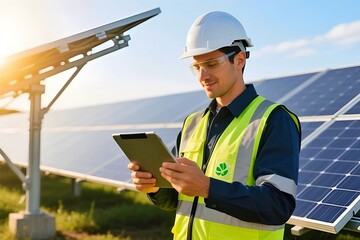 Solar panel technician or engineer repair solar farm. Themes of renewable energy, technology, and environmental sustainability