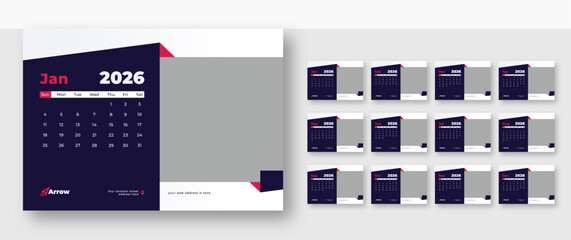 Desk Calendar 2026 layout template | Corporate 12-page planner template | Sunday week start format