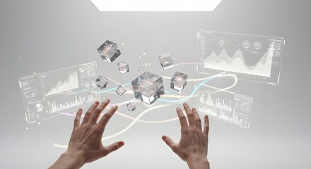 A person's hands manipulating a futuristic holographic interface with floating data cubes and analytical charts for business intelligence