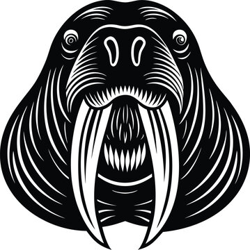 Vector art of a striking black and white illustration of a walrus head, featuring prominent tusks and detailed facial features, presented in a bold, graphic style