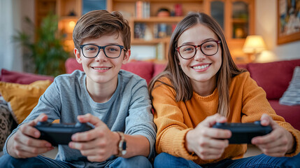 Two smiling teens enjoy playing video games together while wearing glasses.