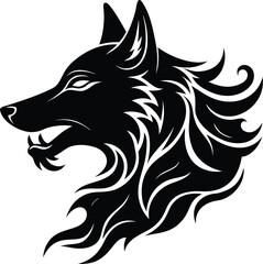 Vector art of a dynamic black and white tribal tattoo illustration of a wolf in profile, with a snarling mouth and flowing mane, isolated on a