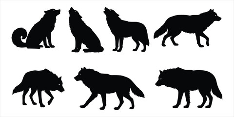Six Black Silhouettes of Wolves in Different Poses on White Background wolf animal