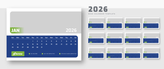 Professional Calendar 2026 template Layout | Corporate desk planner | 12-month monthly view design | Week starts on Sunday