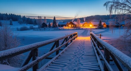Winter Village Scene with Snow Covered Bridge at Dusk