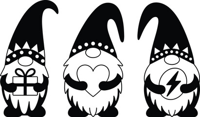Three cartoon gnomes with hats holding a gift, heart, and lightning bolt illustration black and white