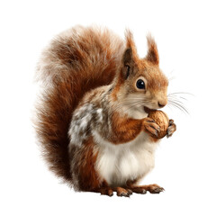 Obraz premium Adorable red squirrel with fluffy tail holds nut in its paws adorable close-up portrait