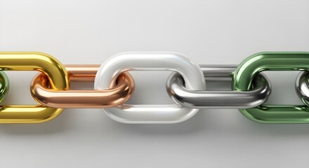 Obraz premium Interlocking metal chain links in different metallic colors on a white background