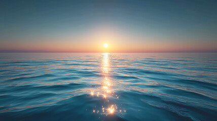 Golden sunset over the calm ocean, with shimmering reflections on the water and a peaceful horizon blending warm and cool tones in the sky.