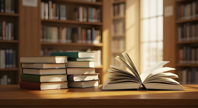 Sunlit Library Interior with Open Book and Wooden Shelves Evoking Study and Contemplation, national book month