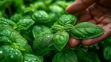 Close-up of fresh green basil leaves with morning dew, gently held by a hand, symbolizing freshness, nature, and organic gardening care.