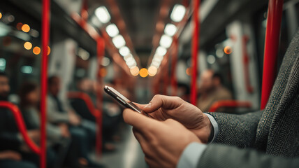 Close-up of a person using a smartphone on a subway train, surrounded by red handrails and blurred passengers, capturing a modern commuting moment.