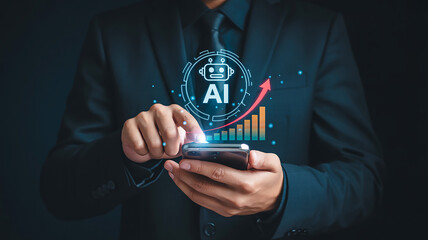 Business Digital Illustration of Smartphone with Holographic AI Robot Icon and Rising Bar Graph Data Visualization