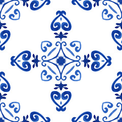 Damask hand drawn floral design. Abstract seamless ornamental watercolor paint pattern for fabric