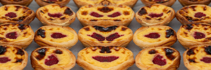 Pastel de nata Portuguese cakes. Traditional Portugal egg tart, fresh pasteis bakery