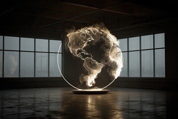 A glowing, ethereal world map within a circular frame, illuminated in a dimly lit industrial space