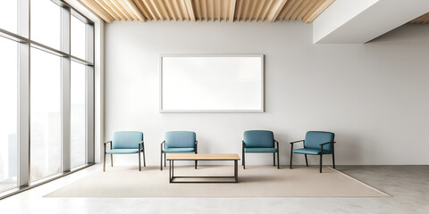 Modern office interior with blank poster mockup on wall and seating area with city view and reception desk in daylight. 3D Rendering. 3D Rendering